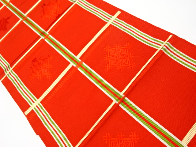 リサイクル　格子に変わり菱模様織り出し名古屋帯